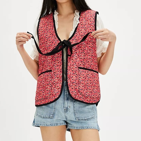 Free People Jackets & Blazers - Free People Claudine Red Floral Bow Tie Front Cottagecore Coquette Quilted Vest